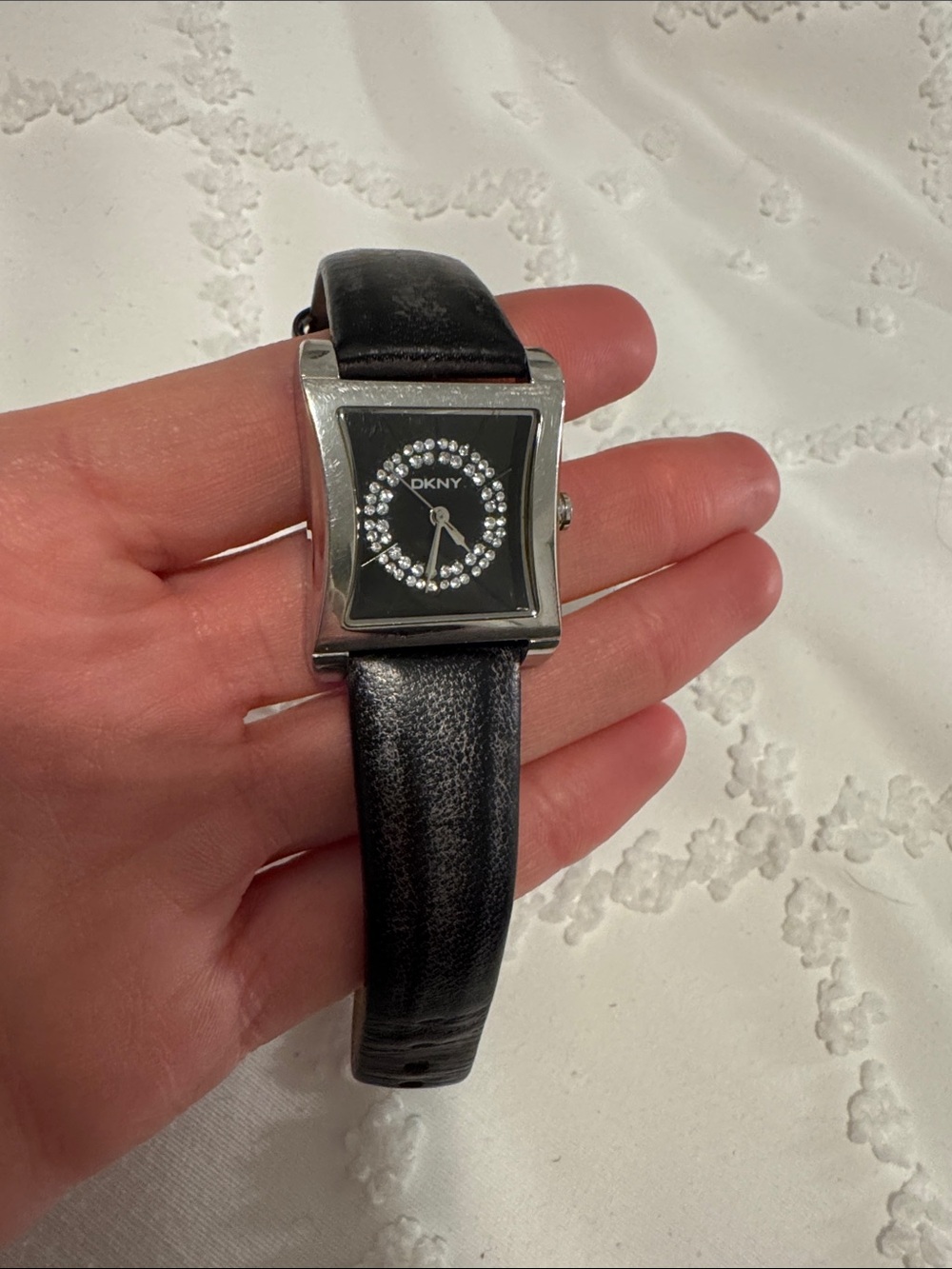 DKNY Black/silver patina Leather Strap Watch with Crystals